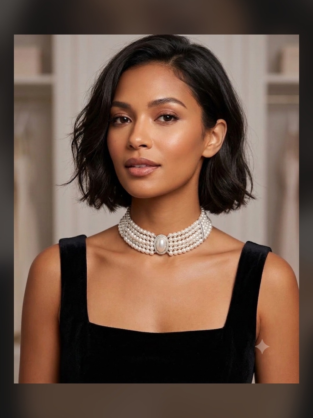 Pearl Multi-Strand Choker Necklace with Center Cabochon